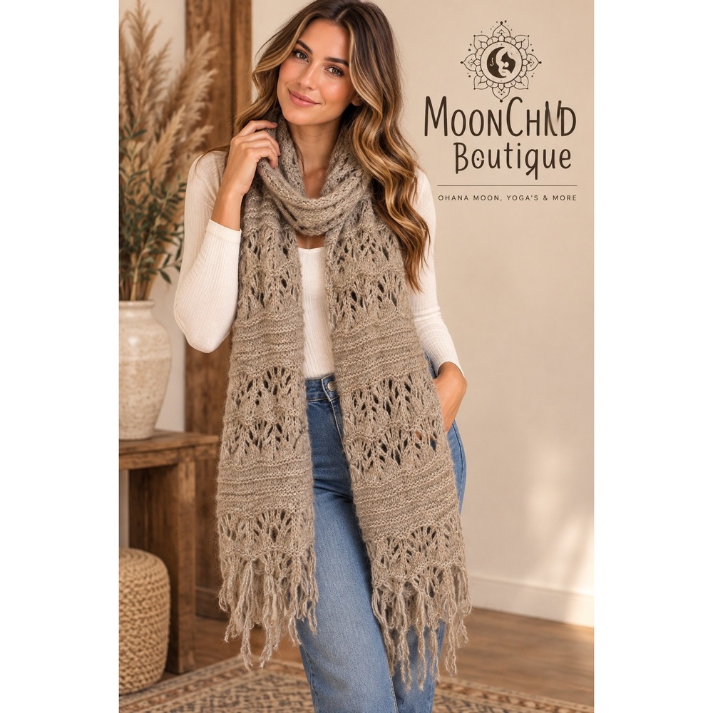 MoonChild Boutique Feather Knit Boho Scarf Taupe Beige Fringe Pointelle Wrap NEW